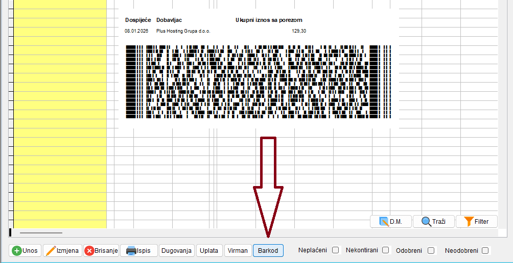 Generiranje PDF417 barkoda za plaćanje e-računa u Knjizi URA – gumb Barkod